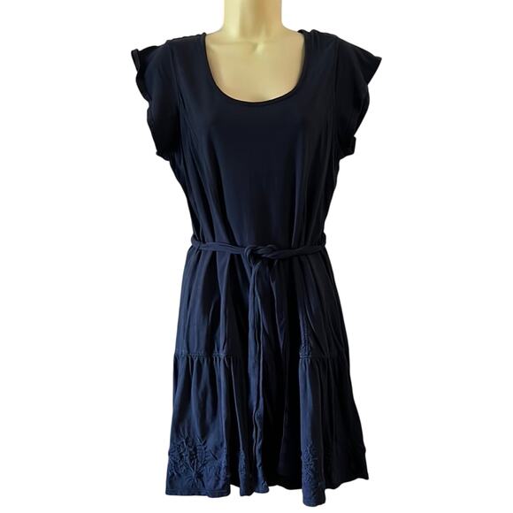 G.H.Bass & Co. Woman Size L Navy Blue Knit Dress Embroidered Drop Waist Tie Belt - Picture 1 of 11